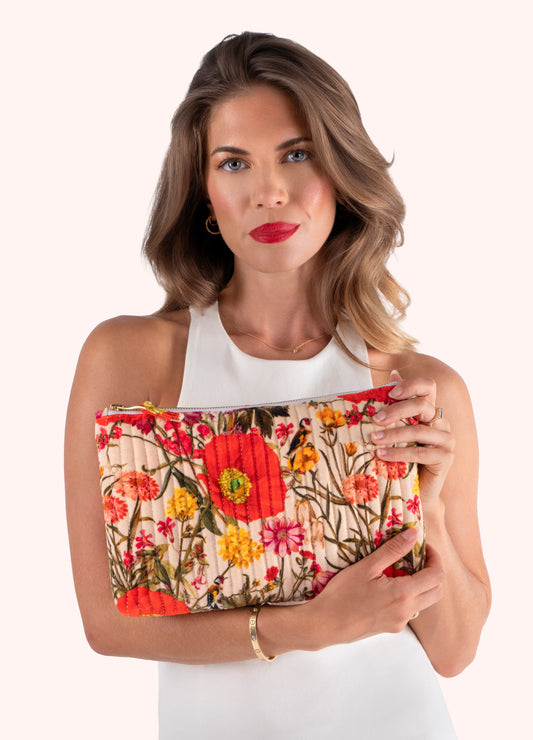 Powder Quilted Velvet Zip Pouch Fine Flowers Cream