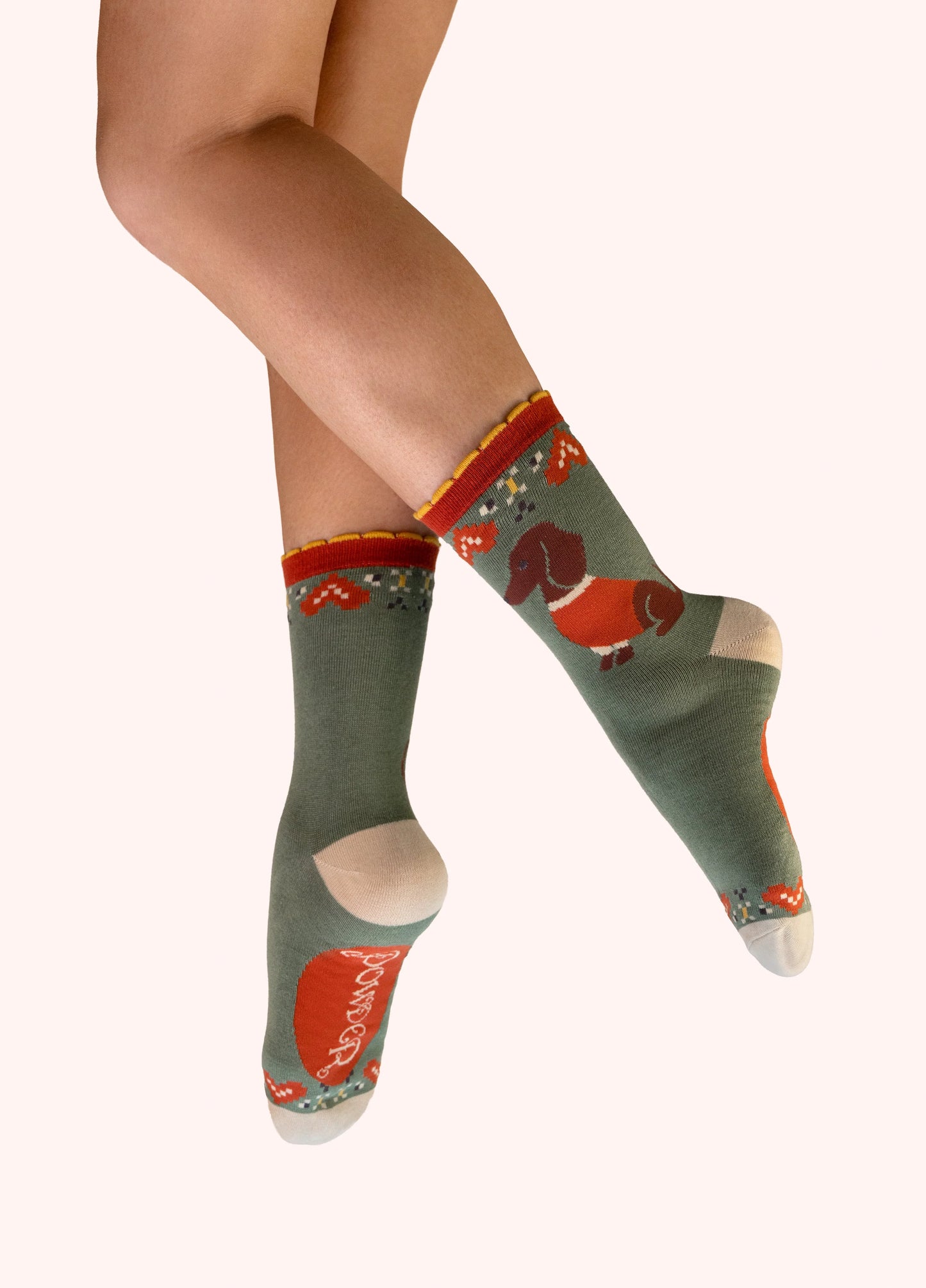 Powder Snuggle Sausage Dogs Ankle Socks Olive