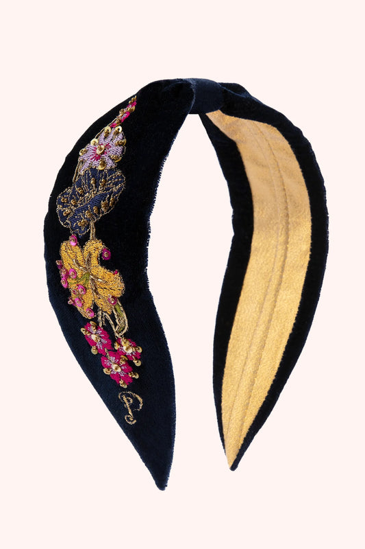 Powder Midnight Posy Embroidered Velvet Headband womens headband Powder Clothing Black headband with gold and pink embroidery on a white background