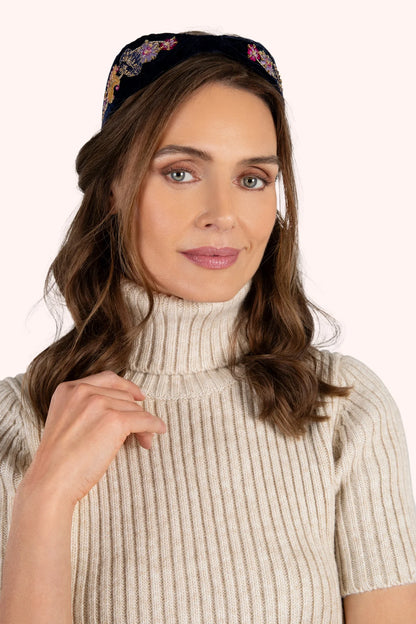 Powder Midnight Posy Embroidered Velvet Headband