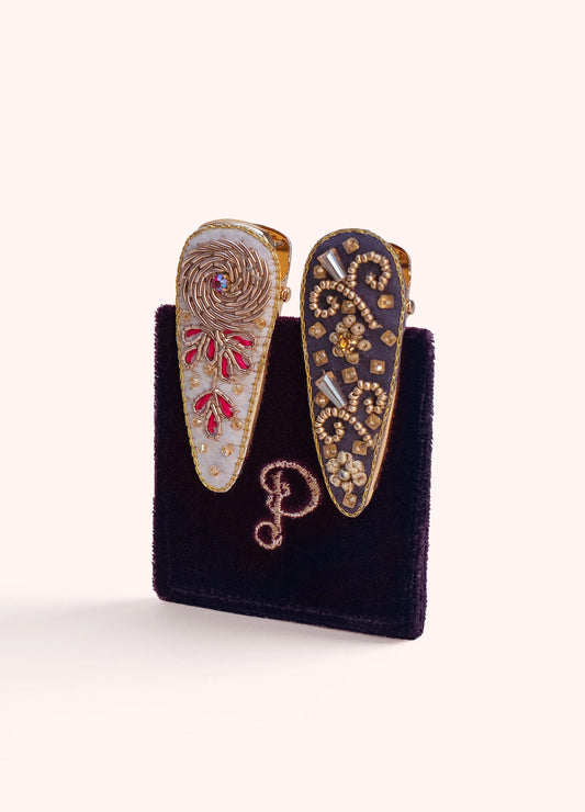 Powder Pk2 Hairclips Pink Chrysant & Gold Bows Navy