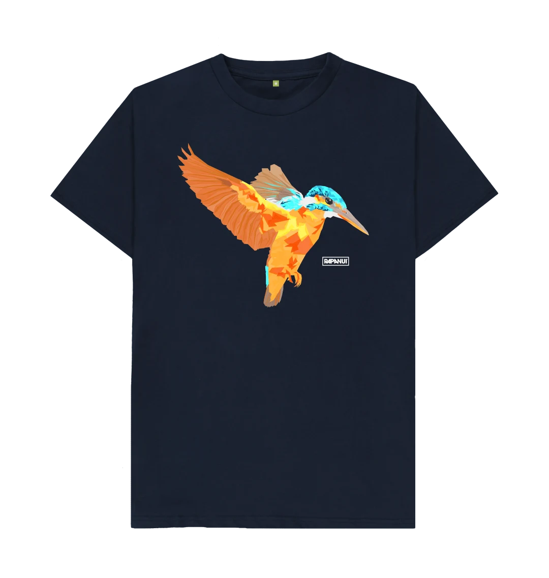 Rapanui Kingfisher T-shirt Navy Blue. Men's classic T-shirt Made in a renewable energy powered factory audited for a wide range of social and sustainability criteria. Not tested on animals. Wash cool, hang dry Colour: Navy Blue Material: Certified Organic Cotton t-shirt, 155g/m2