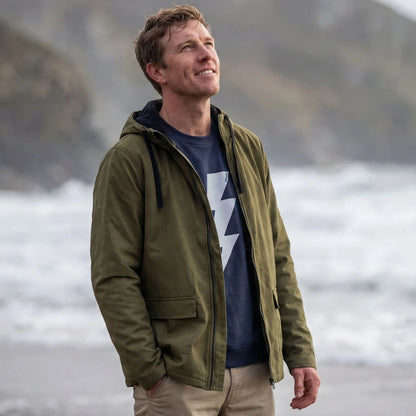 Rapanui Men's Fleece Lined Raincoat Khaki. Water resistant with PFC-Free coating made from Durable organic cotton canvas outer that's Fully lined with organic cotton fleece. Certified Organic Cotton Canvas Full Zip Jacket with PFC-free water resistant coating that's Hand wash only with Adjustable hood Colour: Khaki Material: Certified Organic Cotton t-shirt, 210g/m2