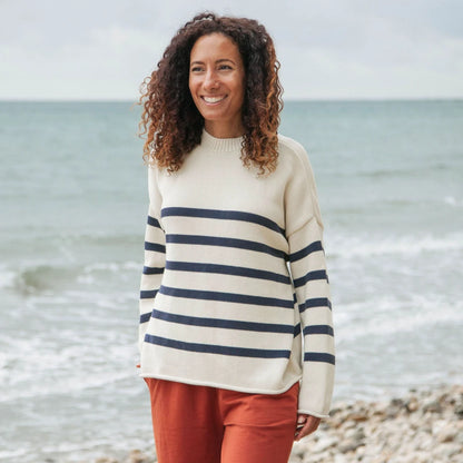 Rapanui Oversized Striped Knitted Jumper Navy & Ecru Stripe. Womens Oversized Striped Knitted Jumper Made in a renewable energy powered factory audited for a wide range of social and sustainability criteria Not tested on animals Wash cool, flat dry Colour: Navy & Ecru Stripe Material: Organic Cotton Stripe Knit Jumper