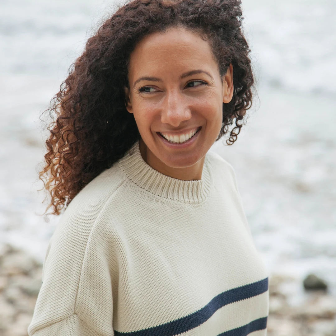 Rapanui Oversized Striped Knitted Jumper Navy & Ecru Stripe. Womens Oversized Striped Knitted Jumper Made in a renewable energy powered factory audited for a wide range of social and sustainability criteria Not tested on animals Wash cool, flat dry Colour: Navy & Ecru Stripe Material: Organic Cotton Stripe Knit Jumper