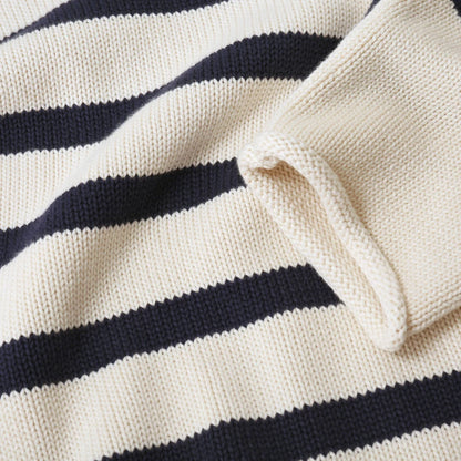 Rapanui Oversized Striped Knitted Jumper Navy & Ecru Stripe. Womens Oversized Striped Knitted Jumper Made in a renewable energy powered factory audited for a wide range of social and sustainability criteria Not tested on animals Wash cool, flat dry Colour: Navy & Ecru Stripe Material: Organic Cotton Stripe Knit Jumper
