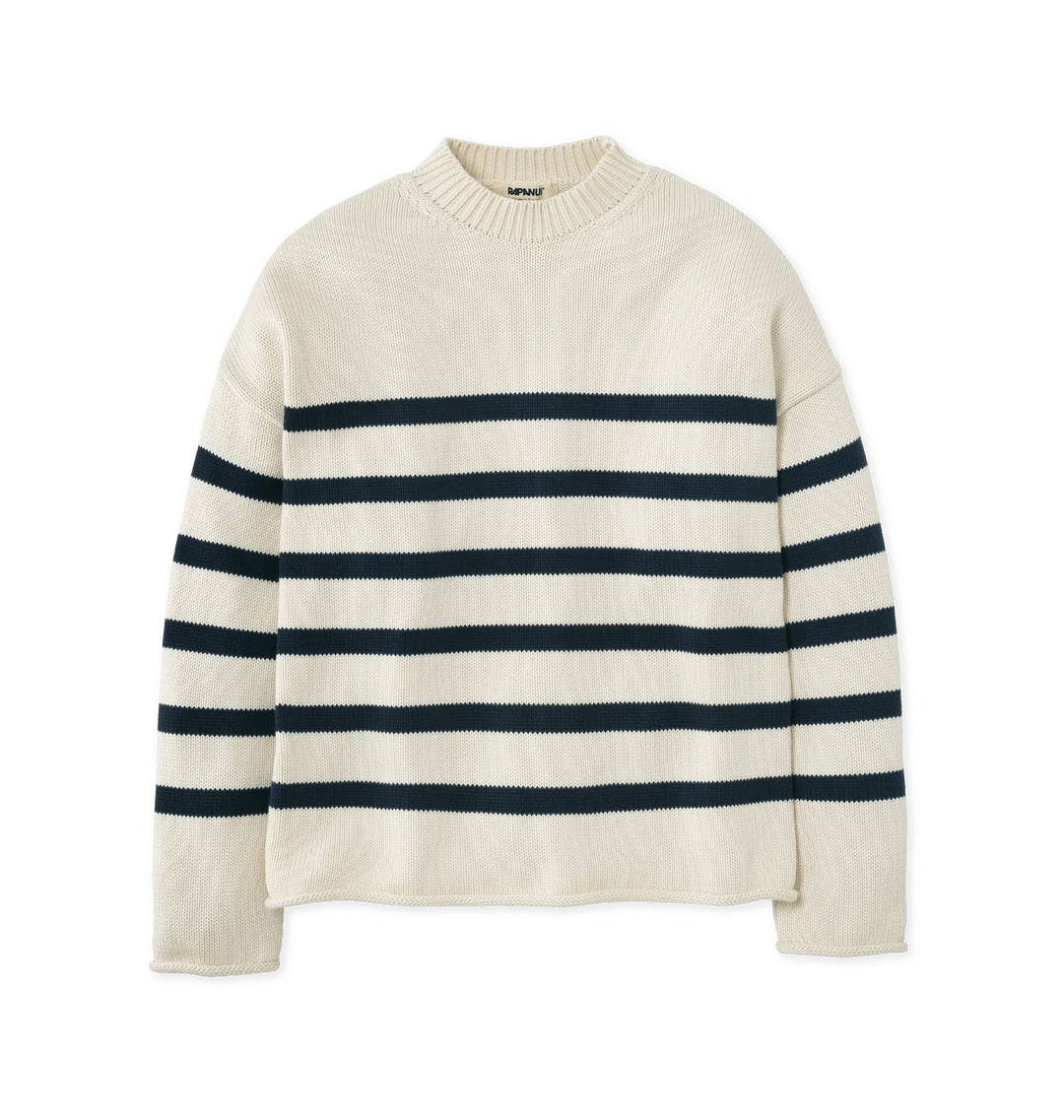 Rapanui Oversized Striped Knitted Jumper Navy & Ecru Stripe. Womens Oversized Striped Knitted Jumper Made in a renewable energy powered factory audited for a wide range of social and sustainability criteria Not tested on animals Wash cool, flat dry Colour: Navy & Ecru Stripe Material: Organic Cotton Stripe Knit Jumper