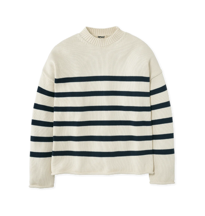 Rapanui Oversized Striped Knitted Jumper Navy & Ecru Stripe. Womens Oversized Striped Knitted Jumper Made in a renewable energy powered factory audited for a wide range of social and sustainability criteria Not tested on animals Wash cool, flat dry Colour: Navy & Ecru Stripe Material: Organic Cotton Stripe Knit Jumper