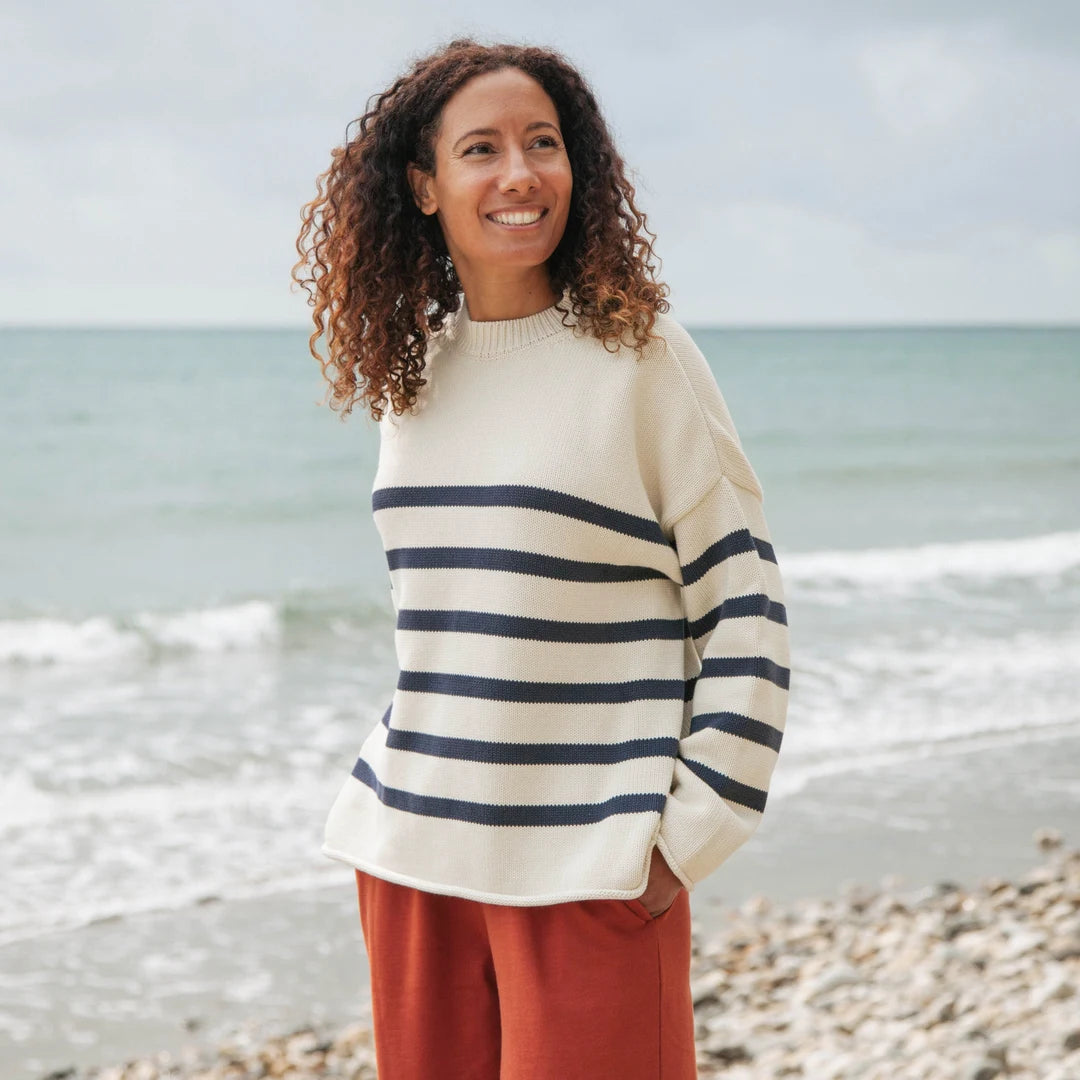 Rapanui Oversized Striped Knitted Jumper Navy & Ecru Stripe. Womens Oversized Striped Knitted Jumper Made in a renewable energy powered factory audited for a wide range of social and sustainability criteria Not tested on animals Wash cool, flat dry Colour: Navy & Ecru Stripe Material: Organic Cotton Stripe Knit Jumper