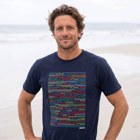 Rapanui Retro Wave T-Shirt Navy Blue. Men's T-shirt Printed in the UK. Made in a renewable energy powered factory audited for a wide range of social and sustainability criteria+Not tested on animals+Wash cool, hang dry Colour: Navy Blue Material: Certified Organic Cotton t-shirt, 155g/m2