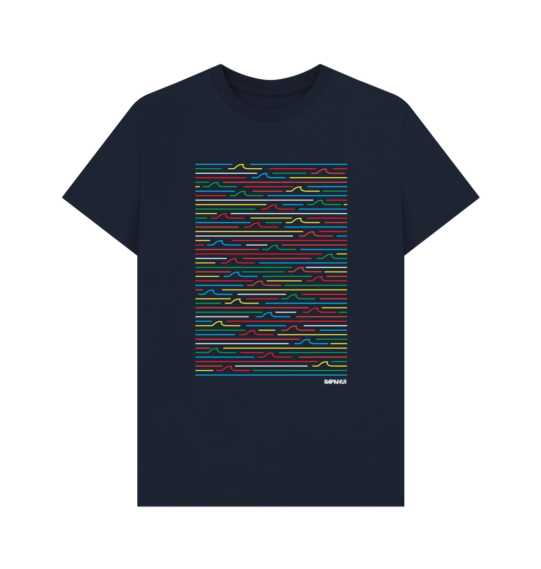 Rapanui Retro Wave T-Shirt Navy Blue. Men's T-shirt Printed in the UK. Made in a renewable energy powered factory audited for a wide range of social and sustainability criteria+Not tested on animals+Wash cool, hang dry Colour: Navy Blue Material: Certified Organic Cotton t-shirt, 155g/m2