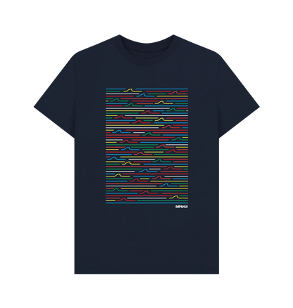 Rapanui Retro Wave T-Shirt Navy Blue. Men's T-shirt Printed in the UK. Made in a renewable energy powered factory audited for a wide range of social and sustainability criteria+Not tested on animals+Wash cool, hang dry Colour: Navy Blue Material: Certified Organic Cotton t-shirt, 155g/m2