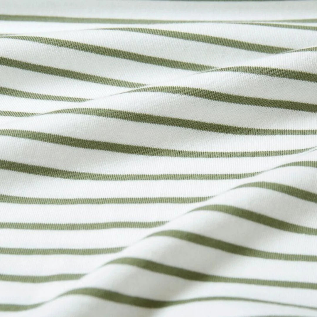 Rapanui Striped Boat Neck Top Sage Stripes. Womens Boat neck striped top Made in a renewable energy powered factory audited for a wide range of social and sustainability criteria Not tested on animals Wash cool, hang dry Colour: Solent Stripes Material: Certified Organic Cotton Stripe T-shirt, 230g/m2