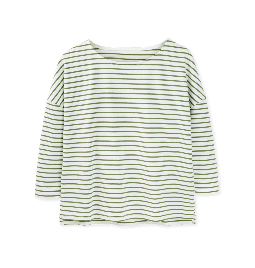 Rapanui Striped Boat Neck Top Sage Stripes. Womens Boat neck striped top Made in a renewable energy powered factory audited for a wide range of social and sustainability criteria Not tested on animals Wash cool, hang dry Colour: Solent Stripes Material: Certified Organic Cotton Stripe T-shirt, 230g/m2