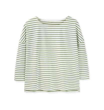 Rapanui Striped Boat Neck Top Sage Stripes. Womens Boat neck striped top Made in a renewable energy powered factory audited for a wide range of social and sustainability criteria Not tested on animals Wash cool, hang dry Colour: Solent Stripes Material: Certified Organic Cotton Stripe T-shirt, 230g/m2