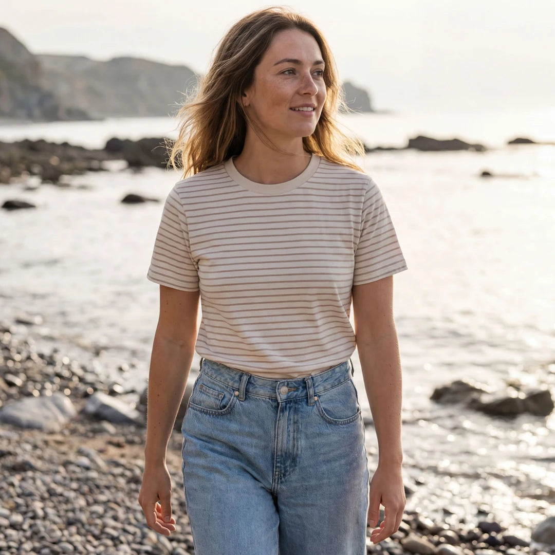 Rapanui Women's Organic Cotton Striped T-Shirt Taupe Stripes