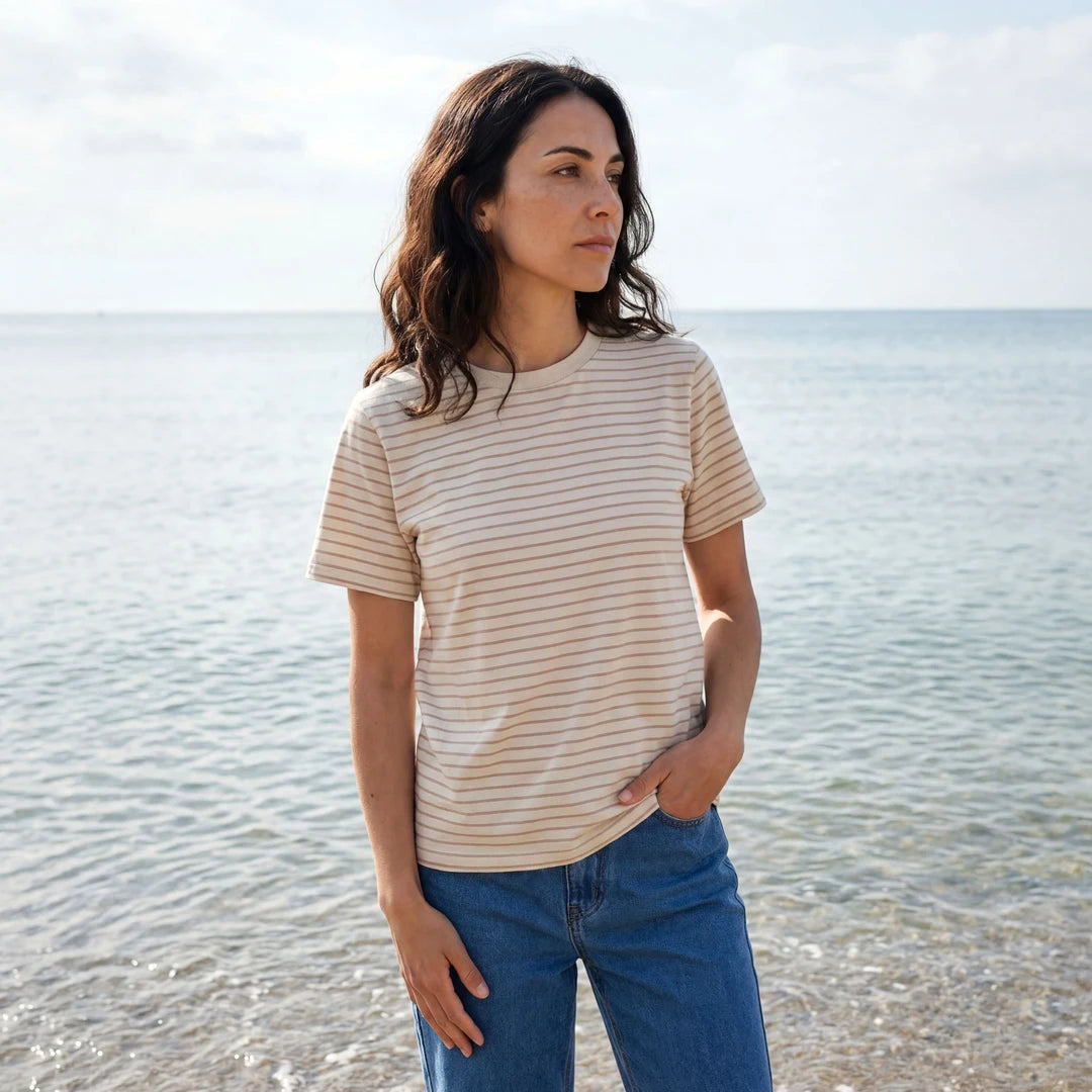 Rapanui Women's Organic Cotton Striped T-Shirt Taupe Stripes