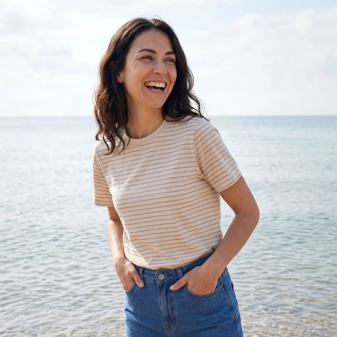 Rapanui Women's Organic Cotton Striped T-Shirt Taupe Stripes