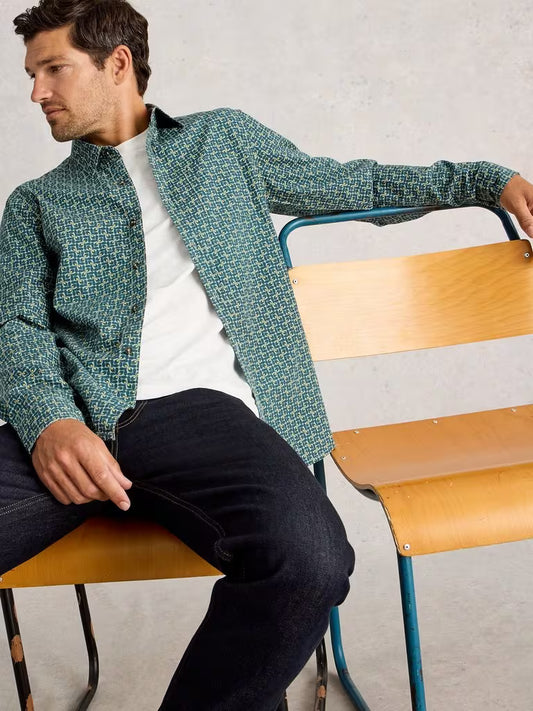 White Stuff Finsbury Retro Print Shirt Teal Print White Mens Shirt White Stuff Shirt