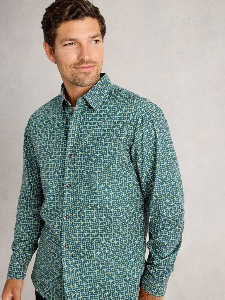 White Stuff Finsbury Retro Print Shirt Teal Print