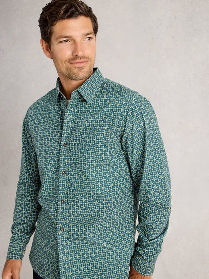White Stuff Finsbury Retro Print Shirt Teal Print