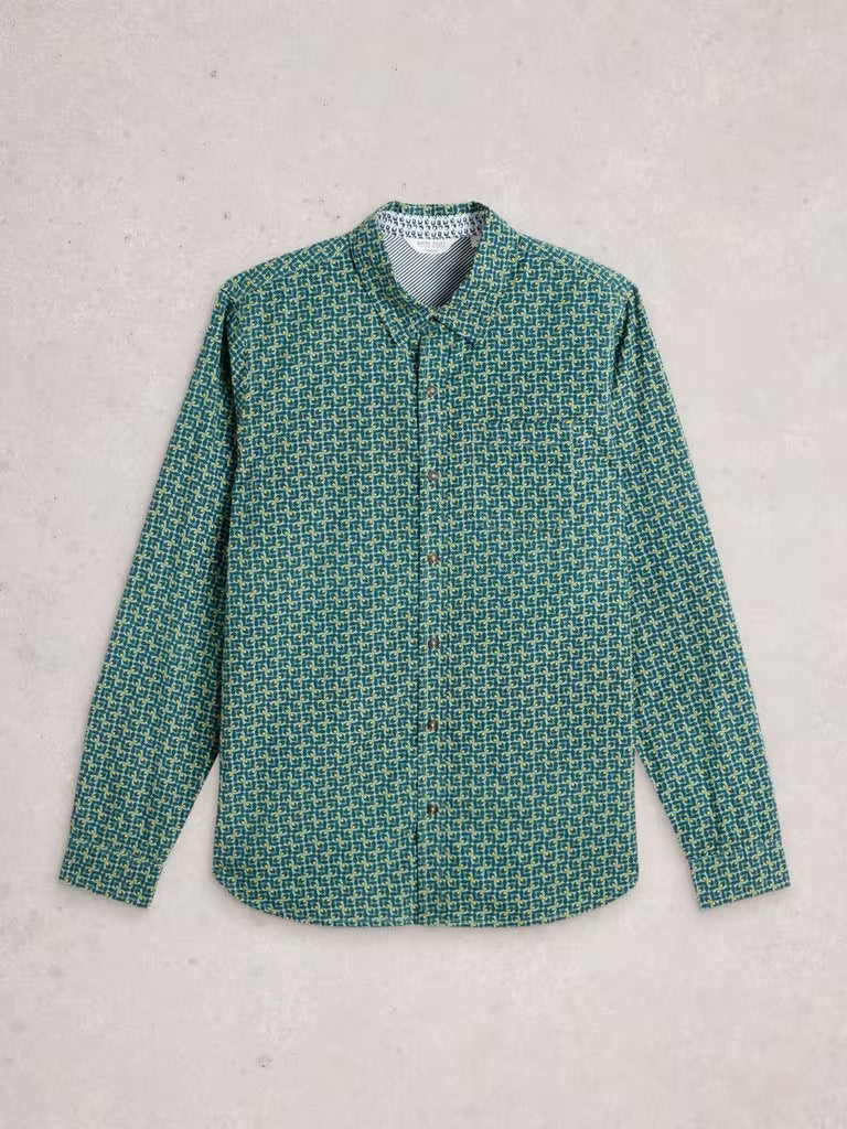 White Stuff Finsbury Retro Print Shirt Teal Print