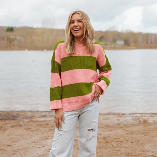 Cara & The Sky Rhiannon Recycled Cotton Mix Chunky Stripe Jumper Pink and Green Cara and the Sky clothing womens jumper Rhiannon Chunky Stripe Jumper