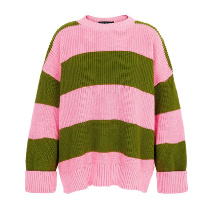 Cara & The Sky Rhiannon Recycled Cotton Mix Chunky Stripe Jumper Pink and Green