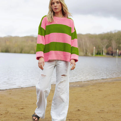 Cara & The Sky Rhiannon Recycled Cotton Mix Chunky Stripe Jumper Pink and Green