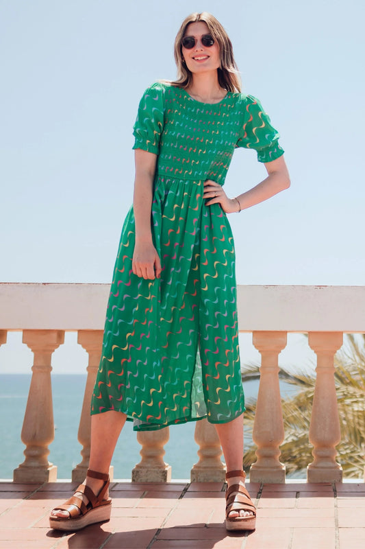 Sugarhill Brighton Rosita Midi Shirred Dress Green Undulating Waves Sugarhill clothing womens summer dress