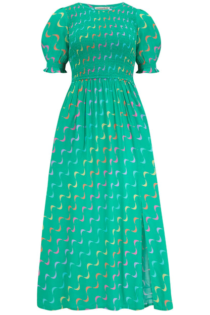 Sugarhill Brighton Rosita Midi Shirred Dress Green Undulating Waves