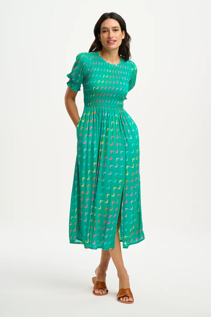 Sugarhill Brighton Rosita Midi Shirred Dress Green Undulating Waves