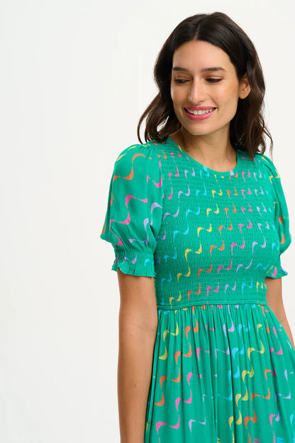 Sugarhill Brighton Rosita Midi Shirred Dress Green Undulating Waves