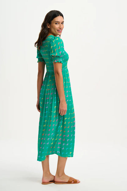 Sugarhill Brighton Rosita Midi Shirred Dress Green Undulating Waves