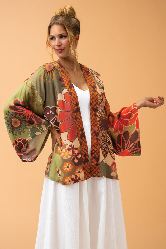 Powder Kimono Powder Clothing Powder 70s Kaleidoscope Floral Kimono Jacket in Sage
