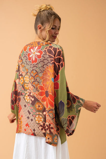 Powder 70s Kaleidoscope Floral Kimono Jacket in Sage