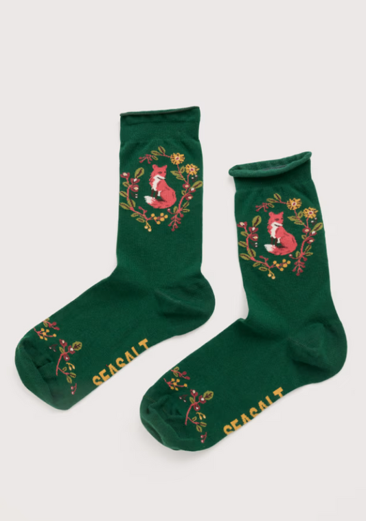 Seasalt Women's Bamboo Arty Socks Fox Wreath Evergreen