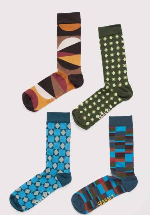 Seasalt Gift Box of 4 Men’s Geometric Arty Socks Pectan Mix