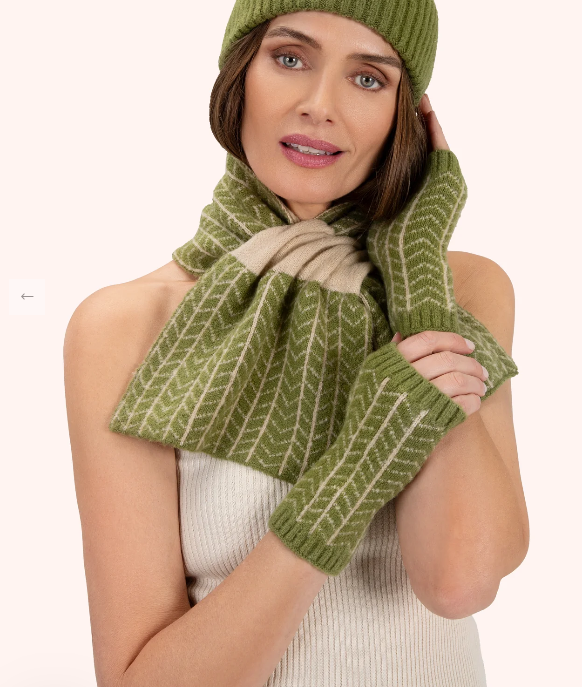 Powder Niamh Wrist Warmers Olive Womens mittens Powder Gloves Powder Clothing Woman wearing a green knit hat, scarf, and gloves on a white background