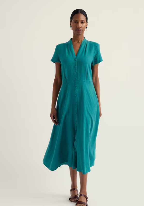 Seasalt Carved Wood Midi Dress Deep Dive womens A-line with a V neck and Button fastening including Side pockets and is Machine Wash 30C Colour: Deep Dive Material: 100% Linen