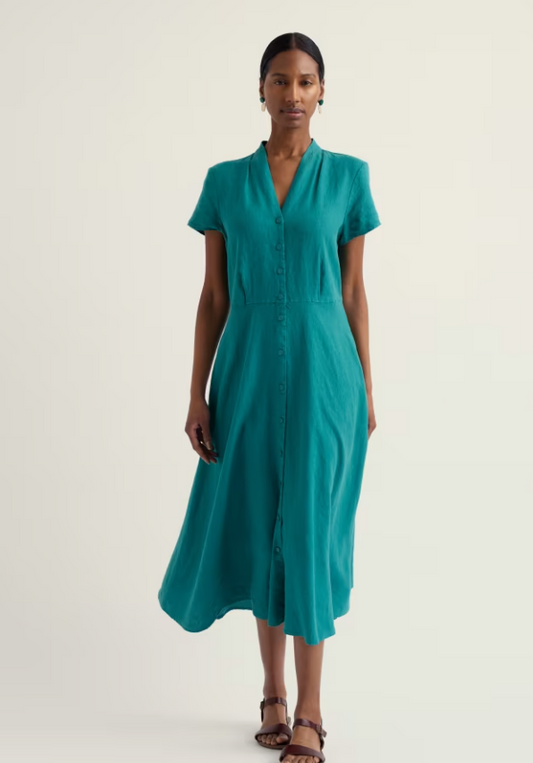 Seasalt Carved Wood Midi Dress Deep Dive womens A-line with a V neck and Button fastening including Side pockets and is Machine Wash 30C Colour: Deep Dive Material: 100% Linen