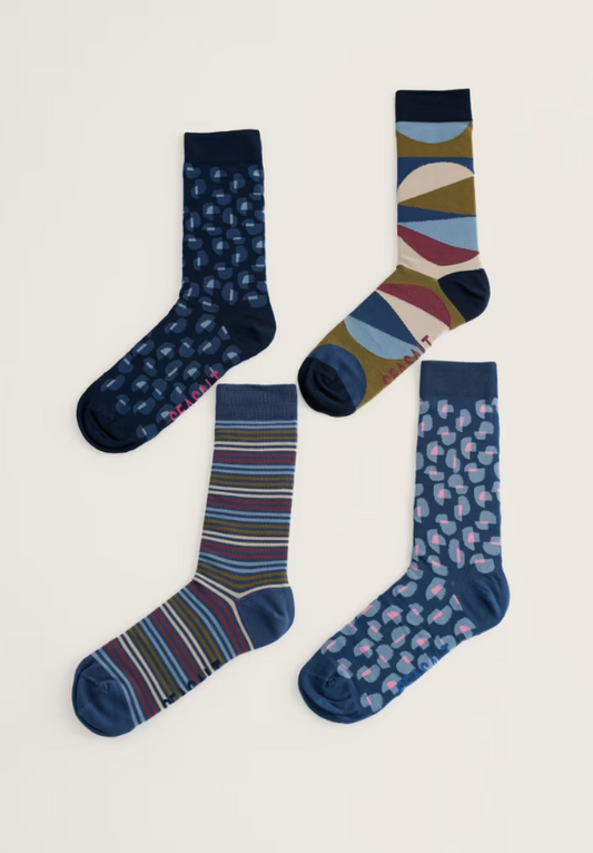 Seasalt Gift Box of 4 Men's Arty Socks Blues Riverscape Mix