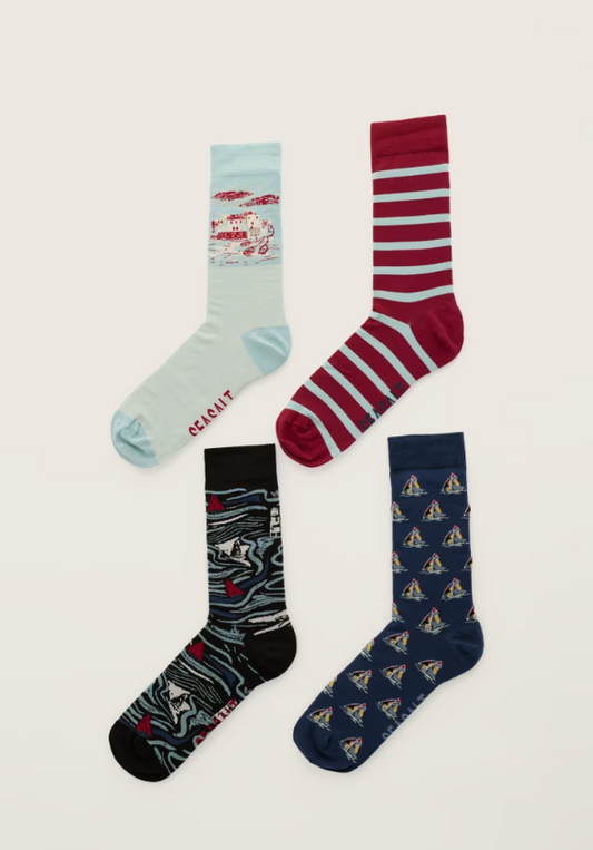 Seasalt Gift Box of 4 Men's Arty Socks Boats Harbour Mix