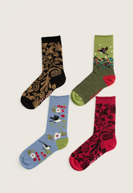 Seasalt Gift Box of 4 Women's Arty Socks Birds Wintering Birds Mix