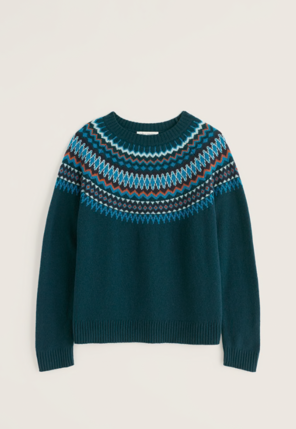 Seasalt Gurnard's Head Fair Isle Jumper Windward Raincloud Mix. Womens fair isle merino jumper that's Easy fit with Crew neck and Ribbed hem and cuffs and Ribbed neckline that's Hand Wash In Cold Water. Material: 80% Merino Wool & 20% Recycled Nylon
