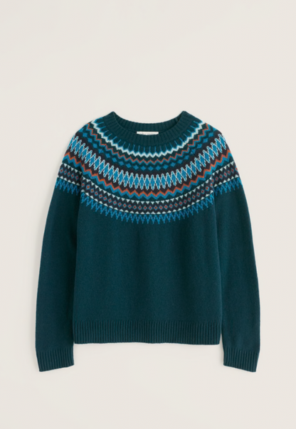 Seasalt Gurnard's Head Fair Isle Jumper Windward Raincloud Mix. Womens fair isle merino jumper that's Easy fit with Crew neck and Ribbed hem and cuffs and Ribbed neckline that's Hand Wash In Cold Water. Material: 80% Merino Wool & 20% Recycled Nylon