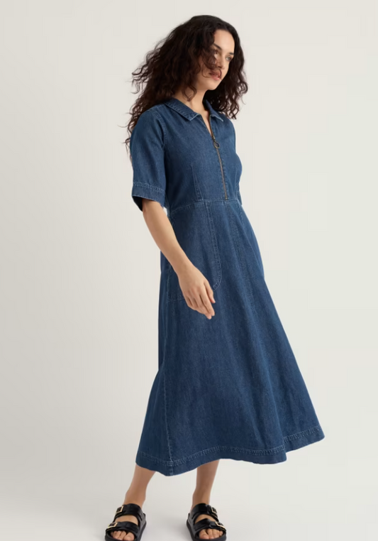Seasalt Gwenter Denim Midi Dress Mid Wash womens Waisted with a Collared and Elasticated back waist that has Laid on pockets with Zip fastening that's Machine Wash 30C Colour: Mid Wash Material: 90% Organic Cotton & 10% Linen