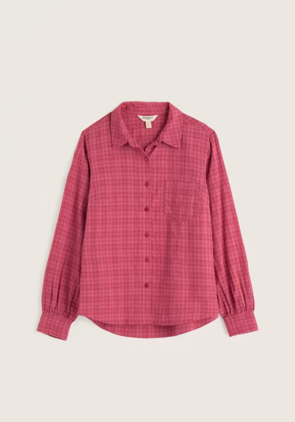 Seasalt Isla Self-Check Shirt Dark Rose. Womens Semi-fitted shirt with Collared and Chest pocket with Gathered sleeves that's Machine Wash 30C Material: 60% Organic Cotton & 40% Viscose (LENZING™ ECOVERO™)