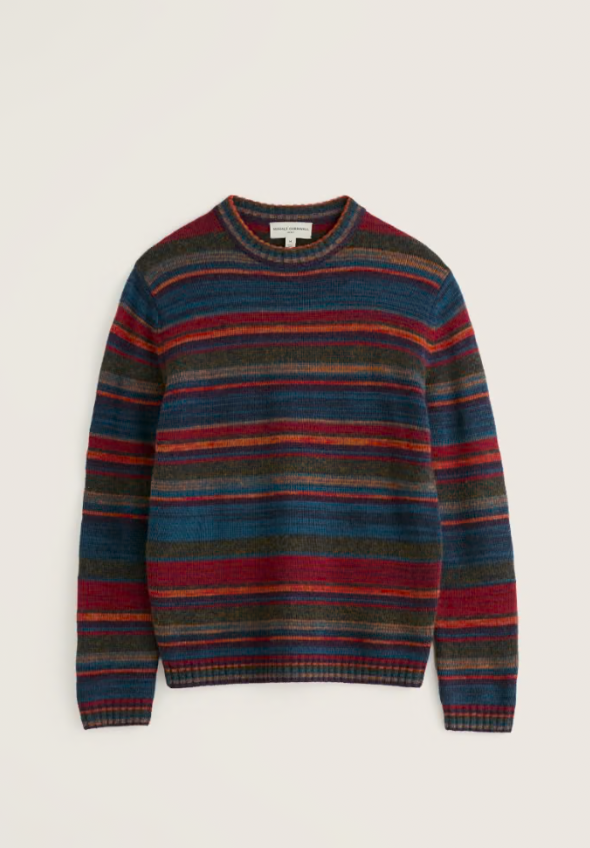Seasalt Men's Jago Knitted Crew Neck Jumper Ascal Multi. Men's wool jumper that's Regular fit with Crew neck amd Ribbed hem and cuffs with Ribbed neckline that is Hand Wash In Cold Water. Material: 73% Wool, 22% Recycled Nylon, 4% Mohair & 1% Elastane.