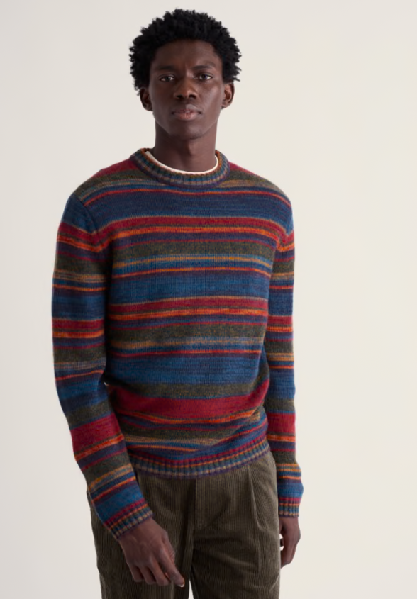 Seasalt Men's Jago Knitted Crew Neck Jumper Ascal Multi. Men's wool jumper that's Regular fit with Crew neck amd Ribbed hem and cuffs with Ribbed neckline that is Hand Wash In Cold Water. Material: 73% Wool, 22% Recycled Nylon, 4% Mohair & 1% Elastane.